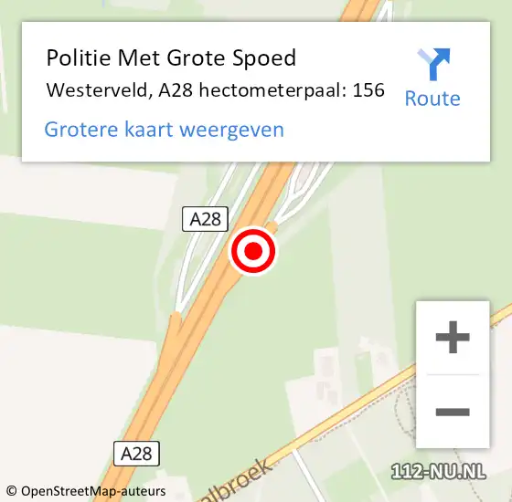Locatie op kaart van de 112 melding: Politie Met Grote Spoed Naar Westerveld, A28 hectometerpaal: 156 op 1 december 2022 21:11