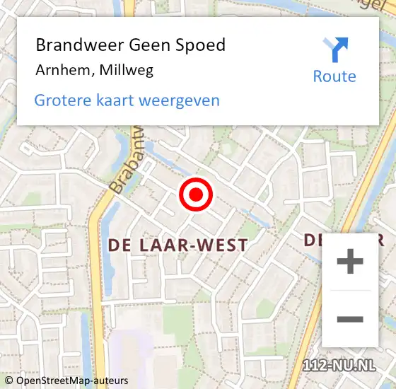 Locatie op kaart van de 112 melding: Brandweer Geen Spoed Naar Arnhem, Millweg op 2 december 2022 04:58