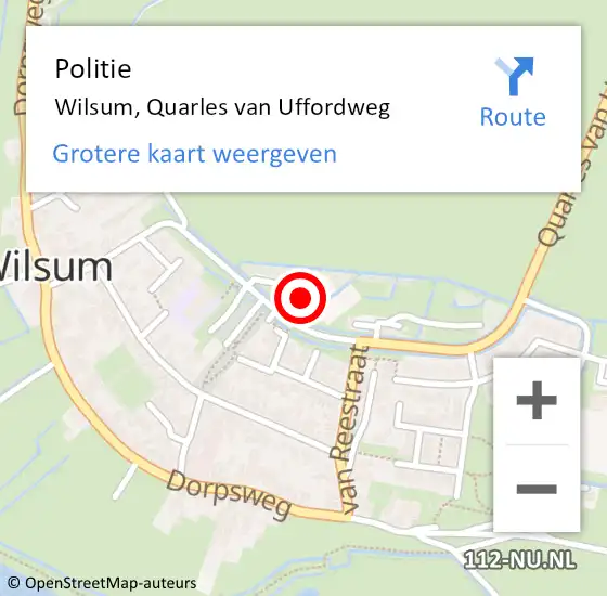 Locatie op kaart van de 112 melding: Politie Wilsum, Quarles van Uffordweg op 2 december 2022 09:46