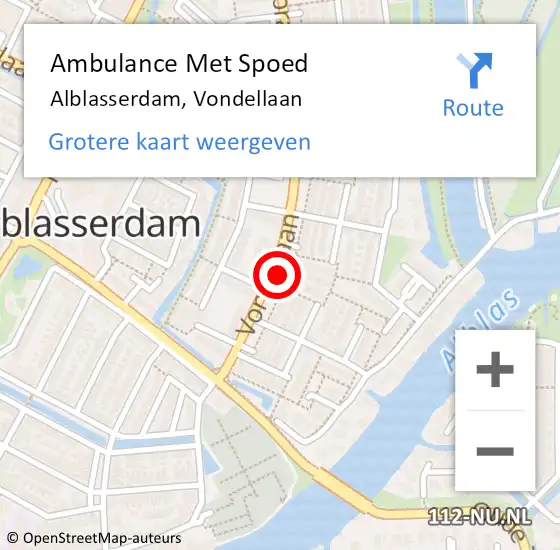 Locatie op kaart van de 112 melding: Ambulance Met Spoed Naar Alblasserdam, Vondellaan op 4 december 2022 09:52