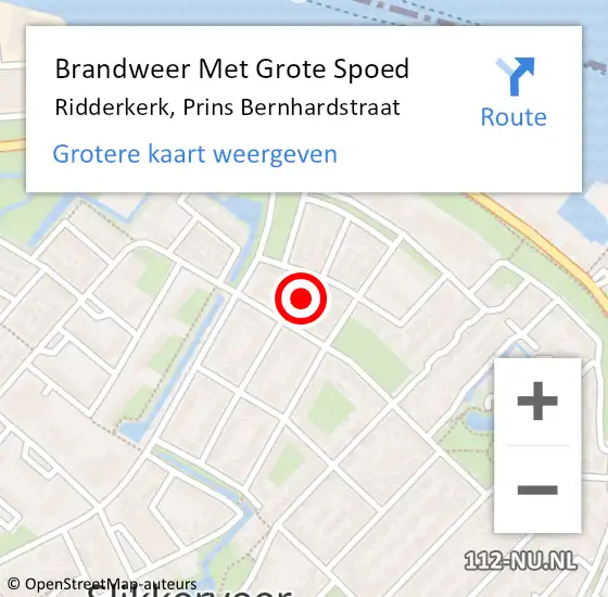 Locatie op kaart van de 112 melding: Brandweer Met Grote Spoed Naar Ridderkerk, Prins Bernhardstraat op 5 december 2022 07:28
