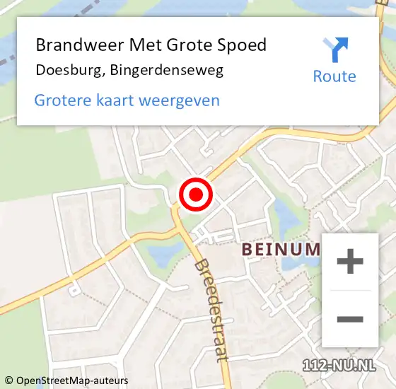 Locatie op kaart van de 112 melding: Brandweer Met Grote Spoed Naar Doesburg, Bingerdenseweg op 5 december 2022 07:46