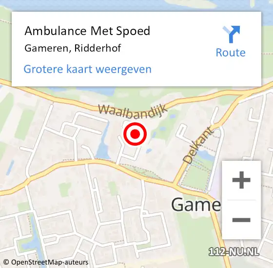 Locatie op kaart van de 112 melding: Ambulance Met Spoed Naar Gameren, Ridderhof op 6 december 2022 09:34