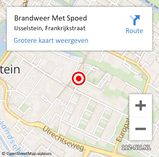 Locatie op kaart van de 112 melding: Brandweer Met Spoed Naar IJsselstein, Frankrijkstraat op 6 december 2022 11:31