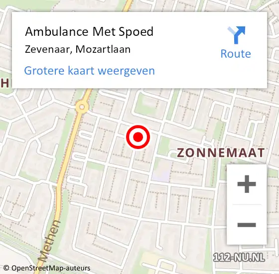 Locatie op kaart van de 112 melding: Ambulance Met Spoed Naar Zevenaar, Mozartlaan op 6 december 2022 11:58