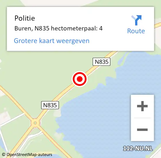 Locatie op kaart van de 112 melding: Politie Buren, N835 hectometerpaal: 4 op 6 december 2022 14:28