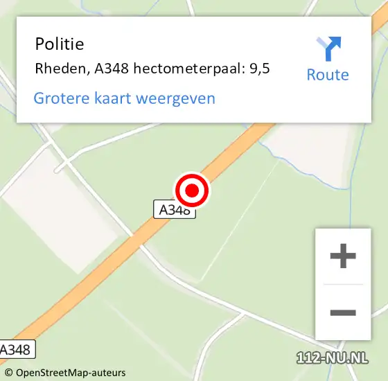 Locatie op kaart van de 112 melding: Politie Rheden, A348 hectometerpaal: 9,5 op 6 december 2022 22:07