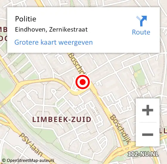 Locatie op kaart van de 112 melding: Politie Eindhoven, Zernikestraat op 6 december 2022 22:31