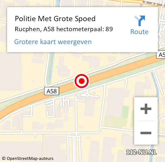 Locatie op kaart van de 112 melding: Politie Met Grote Spoed Naar Rucphen, A58 hectometerpaal: 89 op 7 december 2022 12:29