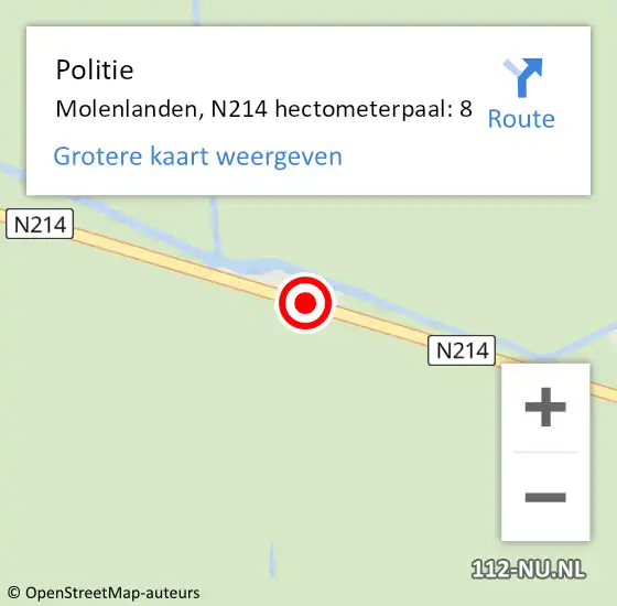 Locatie op kaart van de 112 melding: Politie Molenlanden, N214 hectometerpaal: 8 op 7 december 2022 15:16