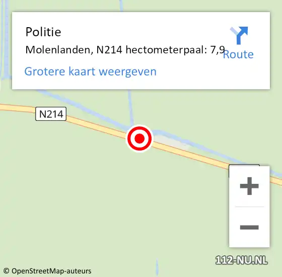 Locatie op kaart van de 112 melding: Politie Molenlanden, N214 hectometerpaal: 7,9 op 7 december 2022 15:18
