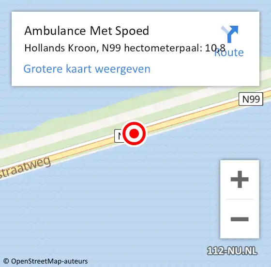 Locatie op kaart van de 112 melding: Ambulance Met Spoed Naar Hollands Kroon, N99 hectometerpaal: 10,8 op 9 december 2022 06:32