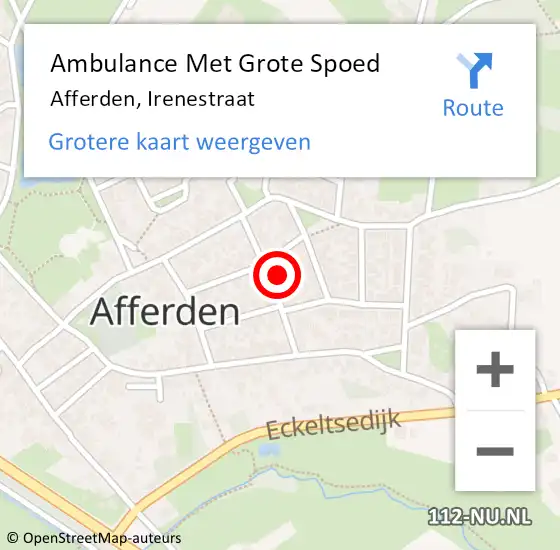 Locatie op kaart van de 112 melding: Ambulance Met Grote Spoed Naar Afferden, Irenestraat op 9 december 2022 13:42