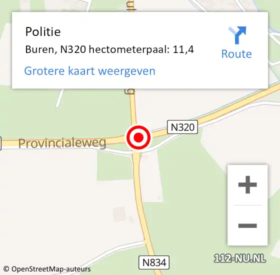 Locatie op kaart van de 112 melding: Politie Buren, N320 hectometerpaal: 11,4 op 9 december 2022 18:00