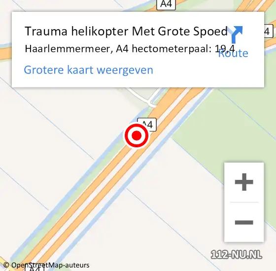 Locatie op kaart van de 112 melding: Trauma helikopter Met Grote Spoed Naar Haarlemmermeer, A4 hectometerpaal: 19,4 op 12 december 2022 07:50