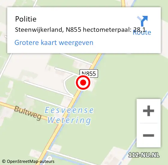 Locatie op kaart van de 112 melding: Politie Steenwijkerland, N855 hectometerpaal: 28,1 op 12 december 2022 14:35