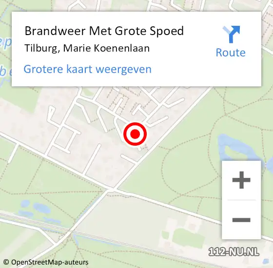 Locatie op kaart van de 112 melding: Brandweer Met Grote Spoed Naar Tilburg, Marie Koenenlaan op 12 december 2022 18:35