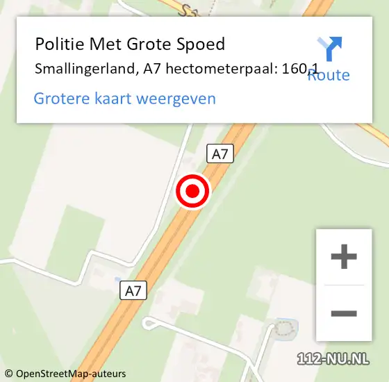 Locatie op kaart van de 112 melding: Politie Met Grote Spoed Naar Smallingerland, A7 hectometerpaal: 160,1 op 13 december 2022 06:30