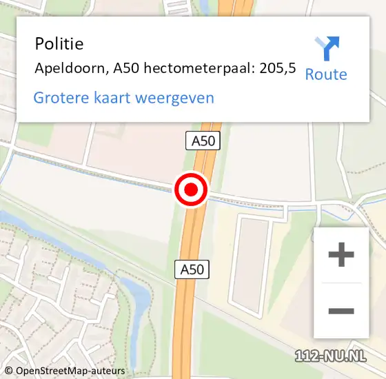 Locatie op kaart van de 112 melding: Politie Apeldoorn, A50 hectometerpaal: 205,5 op 13 december 2022 08:17