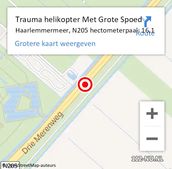 Locatie op kaart van de 112 melding: Trauma helikopter Met Grote Spoed Naar Haarlemmermeer, N205 hectometerpaal: 16,1 op 14 december 2022 09:18