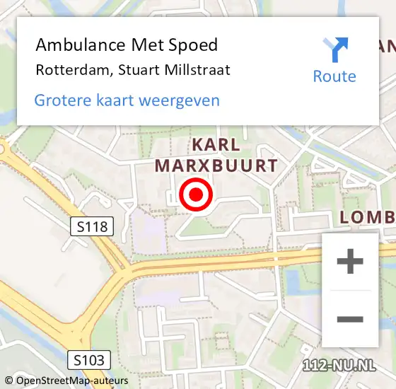 Locatie op kaart van de 112 melding: Ambulance Met Spoed Naar Rotterdam, Stuart Millstraat op 14 december 2022 21:00