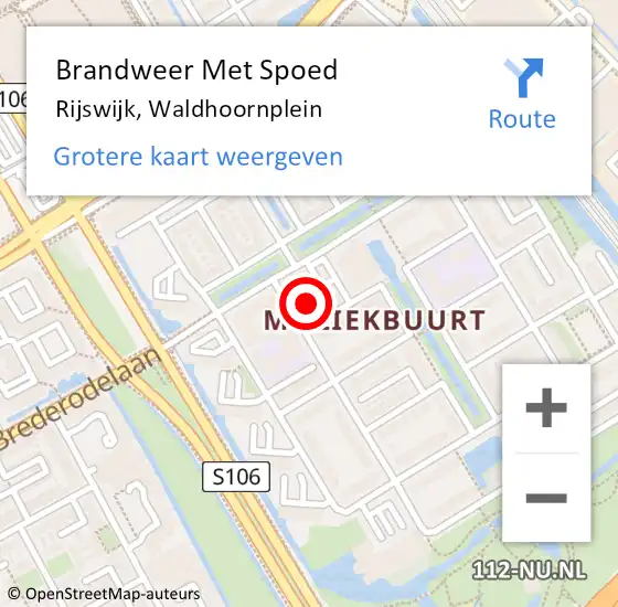 Locatie op kaart van de 112 melding: Brandweer Met Spoed Naar Rijswijk, Waldhoornplein op 15 december 2022 10:06
