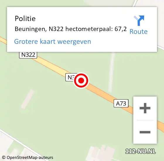Locatie op kaart van de 112 melding: Politie Beuningen, N322 hectometerpaal: 67,2 op 15 december 2022 16:25