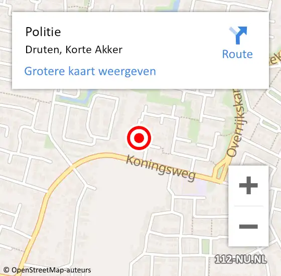 Locatie op kaart van de 112 melding: Politie Druten, Korte Akker op 15 december 2022 23:35