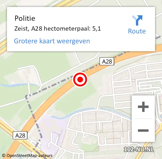 Locatie op kaart van de 112 melding: Politie Zeist, A28 hectometerpaal: 5,1 op 16 december 2022 00:21