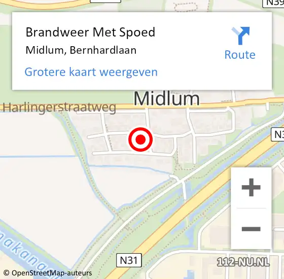 Locatie op kaart van de 112 melding: Brandweer Met Spoed Naar Midlum, Bernhardlaan op 16 december 2022 06:25