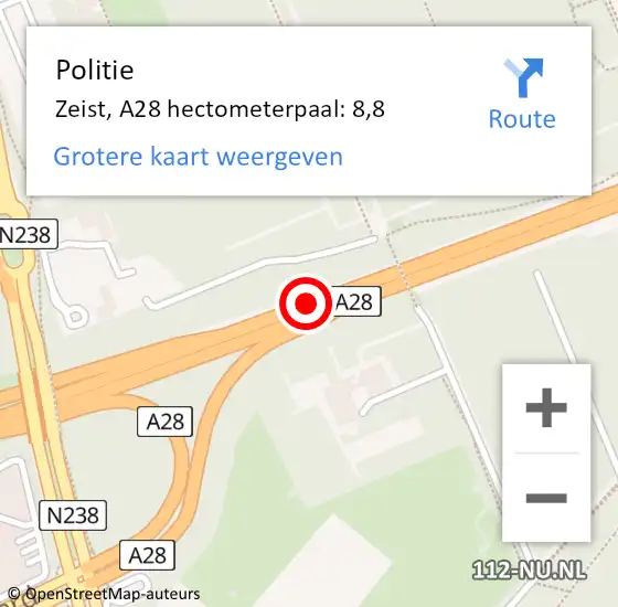 Locatie op kaart van de 112 melding: Politie Zeist, A28 hectometerpaal: 8,8 op 16 december 2022 07:02