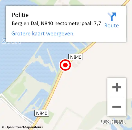 Locatie op kaart van de 112 melding: Politie Berg en Dal, N840 hectometerpaal: 7,7 op 16 december 2022 09:41