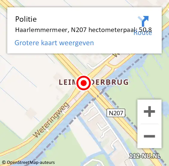 Locatie op kaart van de 112 melding: Politie Haarlemmermeer, N207 hectometerpaal: 50,8 op 16 december 2022 13:52