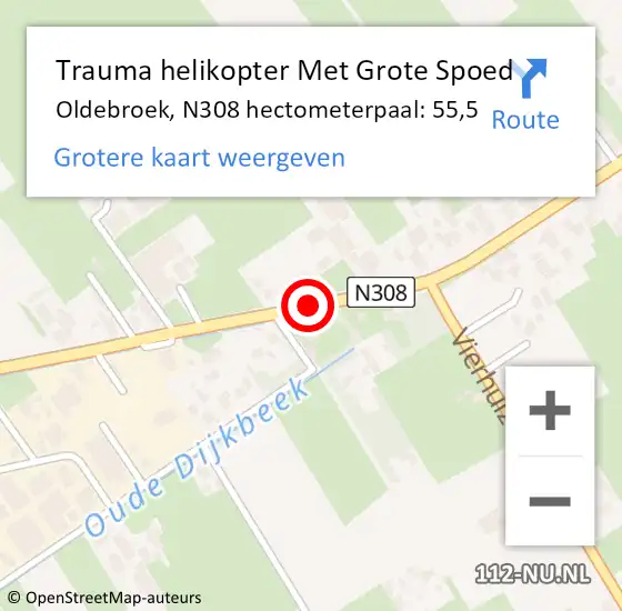 Locatie op kaart van de 112 melding: Trauma helikopter Met Grote Spoed Naar Oldebroek, N308 hectometerpaal: 55,5 op 17 december 2022 03:01