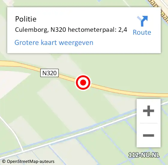 Locatie op kaart van de 112 melding: Politie Culemborg, N320 hectometerpaal: 2,4 op 17 december 2022 13:09