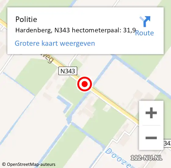 Locatie op kaart van de 112 melding: Politie Hardenberg, N343 hectometerpaal: 31,9 op 18 december 2022 18:40