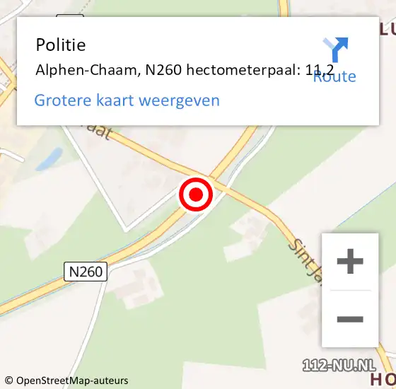 Locatie op kaart van de 112 melding: Politie Alphen-Chaam, N260 hectometerpaal: 11,2 op 18 december 2022 20:38