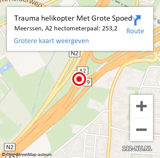 Locatie op kaart van de 112 melding: Trauma helikopter Met Grote Spoed Naar Meerssen, A2 hectometerpaal: 253,2 op 18 december 2022 22:29