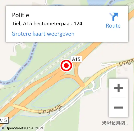 Locatie op kaart van de 112 melding: Politie Tiel, A15 hectometerpaal: 124 op 18 december 2022 22:52