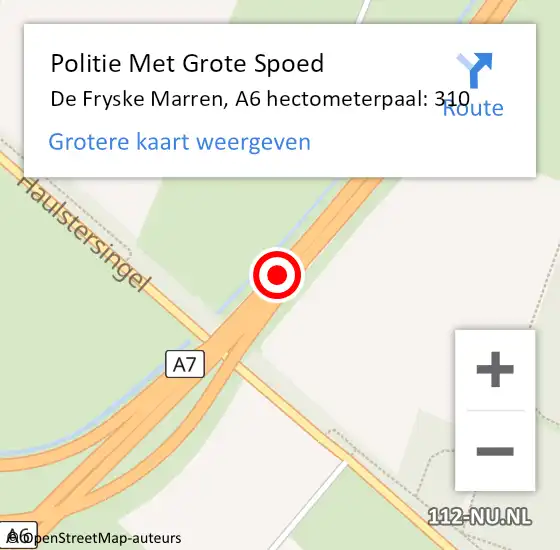 Locatie op kaart van de 112 melding: Politie Met Grote Spoed Naar De Fryske Marren, A6 hectometerpaal: 310 op 18 december 2022 23:37