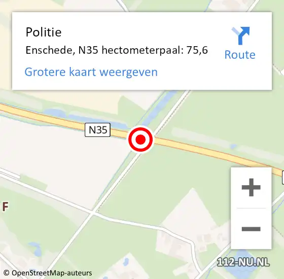 Locatie op kaart van de 112 melding: Politie Enschede, N35 hectometerpaal: 75,6 op 18 december 2022 23:51