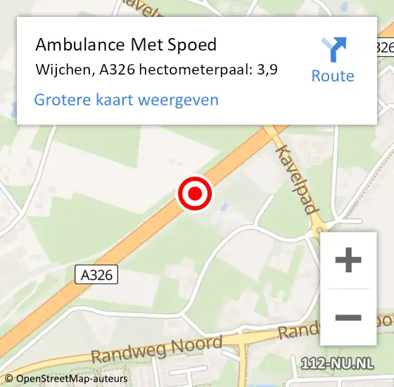 Locatie op kaart van de 112 melding: Ambulance Met Spoed Naar Wijchen, A326 hectometerpaal: 3,9 op 19 december 2022 00:15