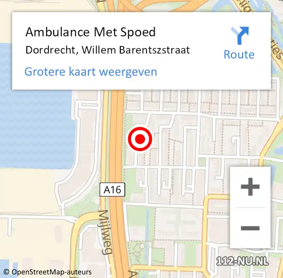 Locatie op kaart van de 112 melding: Ambulance Met Spoed Naar Dordrecht, Willem Barentszstraat op 19 december 2022 05:12