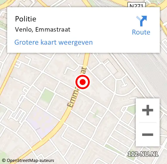 Locatie op kaart van de 112 melding: Politie Venlo, Emmastraat op 20 december 2022 10:52