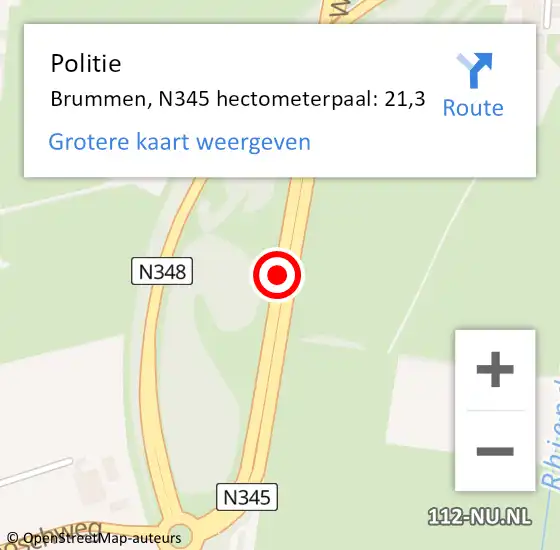 Locatie op kaart van de 112 melding: Politie Brummen, N345 hectometerpaal: 21,3 op 20 december 2022 17:40