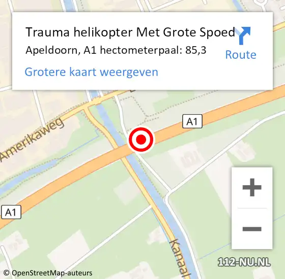 Locatie op kaart van de 112 melding: Trauma helikopter Met Grote Spoed Naar Apeldoorn, A1 hectometerpaal: 85,3 op 20 december 2022 19:25