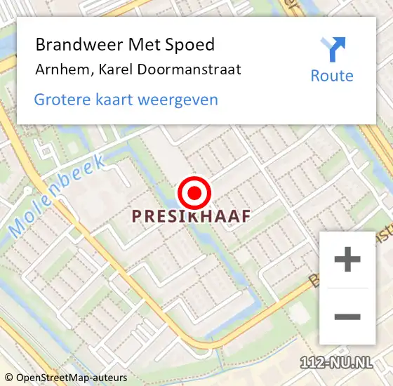 Locatie op kaart van de 112 melding: Brandweer Met Spoed Naar Arnhem, Karel Doormanstraat op 21 december 2022 13:02