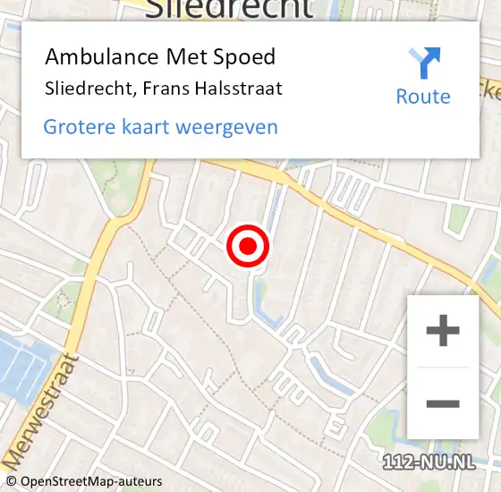 Locatie op kaart van de 112 melding: Ambulance Met Spoed Naar Sliedrecht, Frans Halsstraat op 21 december 2022 21:32