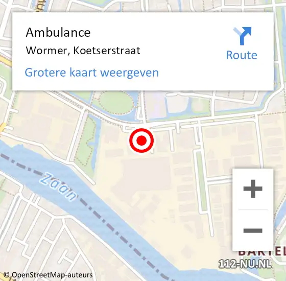 Locatie op kaart van de 112 melding: Ambulance Wormer, Koetserstraat op 22 december 2022 09:12