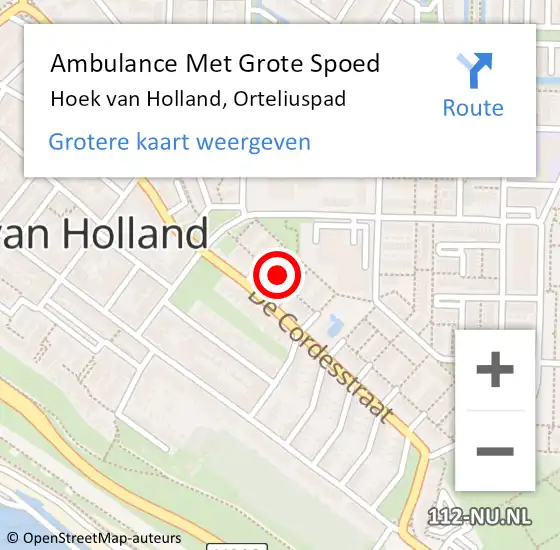 Locatie op kaart van de 112 melding: Ambulance Met Grote Spoed Naar Hoek van Holland, Orteliuspad op 9 augustus 2014 11:06